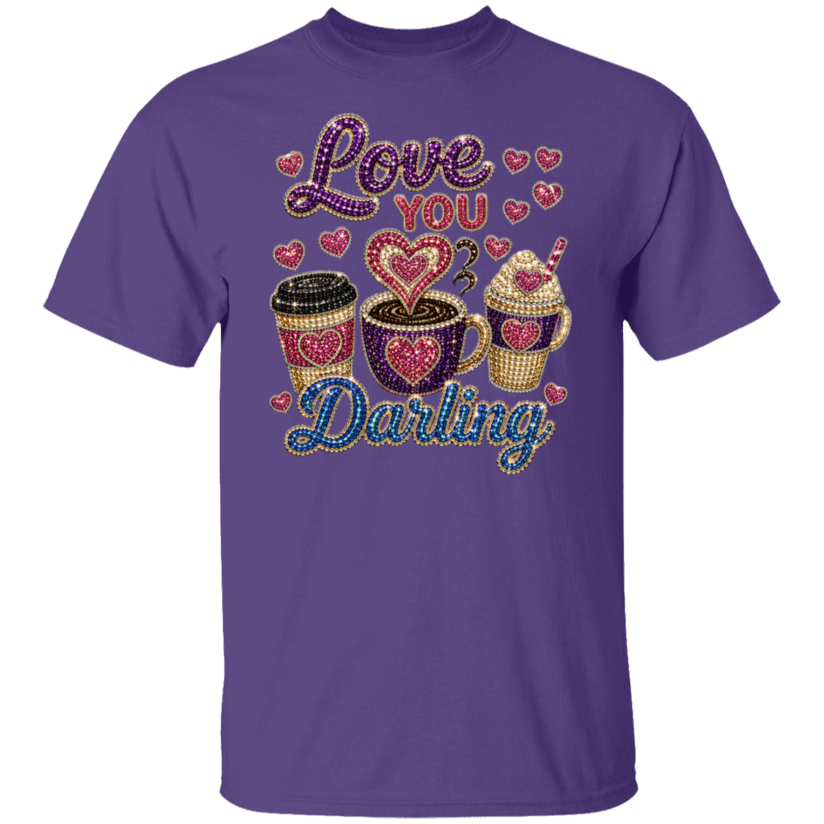 A purple short-sleeve crewneck t-shirt featuring a rhinestone-style graphic on the front with the words 'Love You Darling' and three heart-patterned coffee cups, shown on a plain white background.