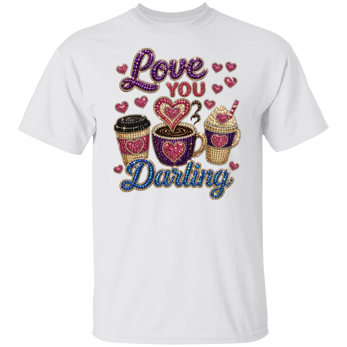 A white short-sleeve crewneck t-shirt featuring a rhinestone-style graphic on the front with the words 'Love You Darling' and three decorated coffee cups with heart details.