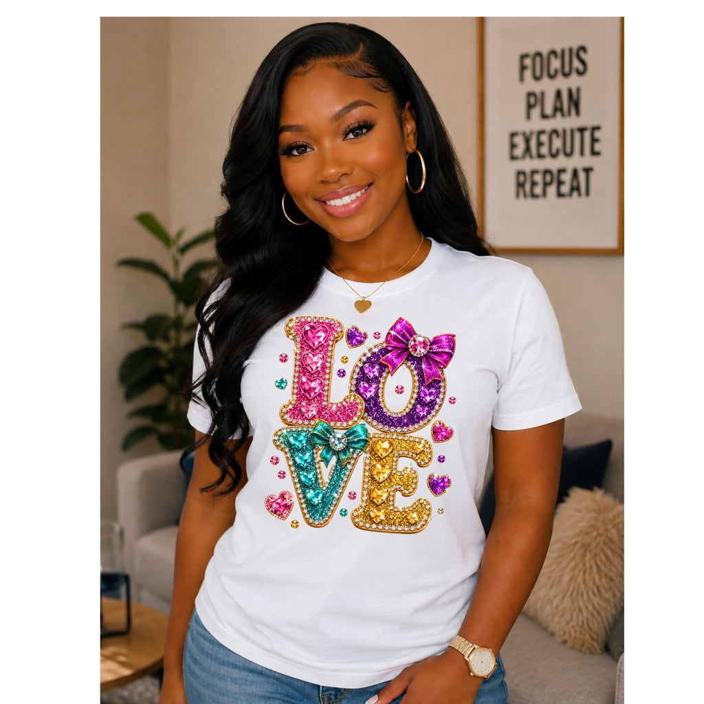 A woman wearing a white crewneck t-shirt with a colorful, glittery 'LOVE' graphic on the front, posed in a cozy living room setting.