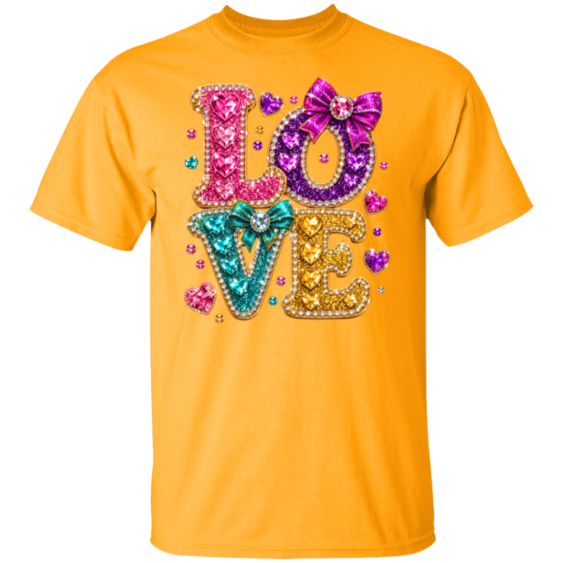 A gold color short-sleeve t-shirt featuring a large, colorful 'LOVE' graphic on the front. The letters are decorated with sparkling rhinestones in pink, purple, teal, and gold, accented by glittering bows and small heart details.