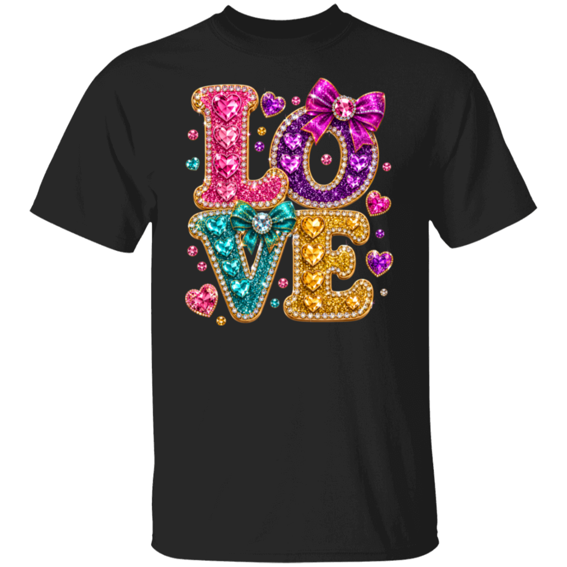 A black short-sleeve crewneck t-shirt featuring a large, vibrant 'LOVE' graphic on the chest. The letters are filled with sparkling, multi-colored rhinestones and decorated with bows, hearts, and small gem accents in pink, purple, teal, and gold.