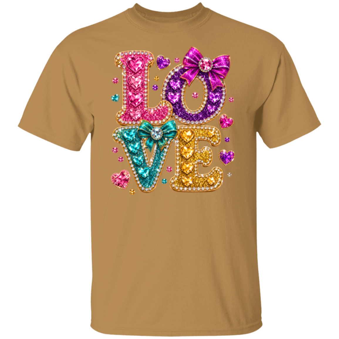 An old gold color crewneck t-shirt featuring a large, colorful 'LOVE' graphic on the chest. The letters are filled with sparkling, multi-colored rhinestones and decorated with sequined bows, set against a plain white background.