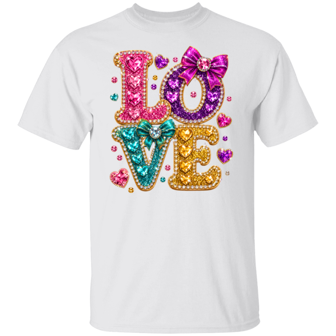 A white short-sleeve crewneck t-shirt featuring a large, colorful 'LOVE' graphic on the chest. The letters are styled with glittery textures in pink, purple, teal, and gold, adorned with rhinestone borders and small heart embellishments.