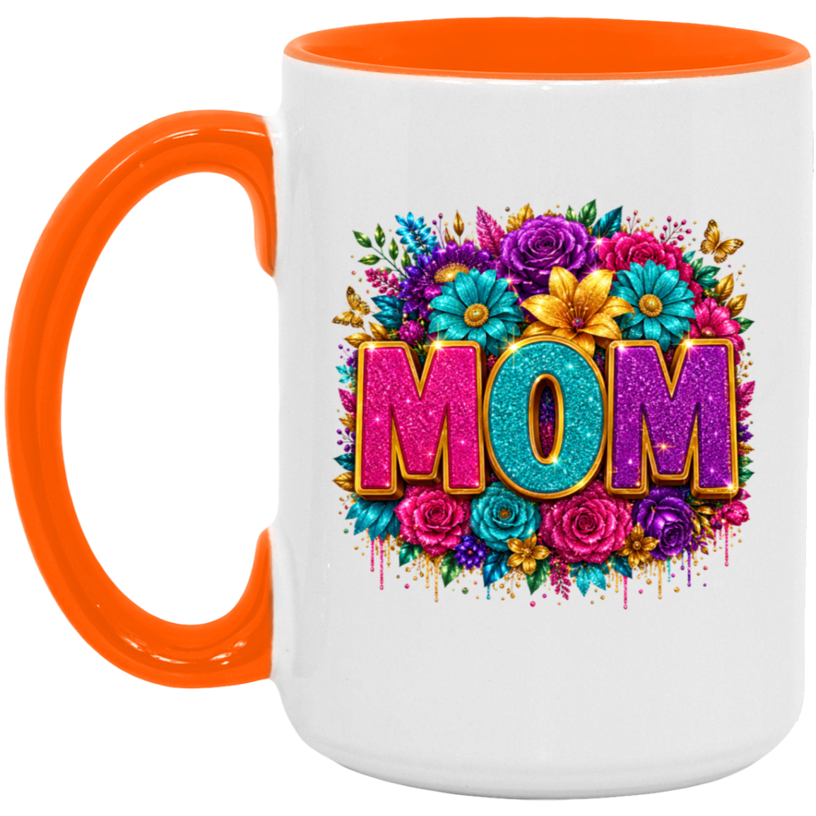 A white ceramic mug with a bright orange handle and interior rim, featuring a colorful floral graphic and the word 'MOM' in glittery pink, teal, and purple letters on the front.