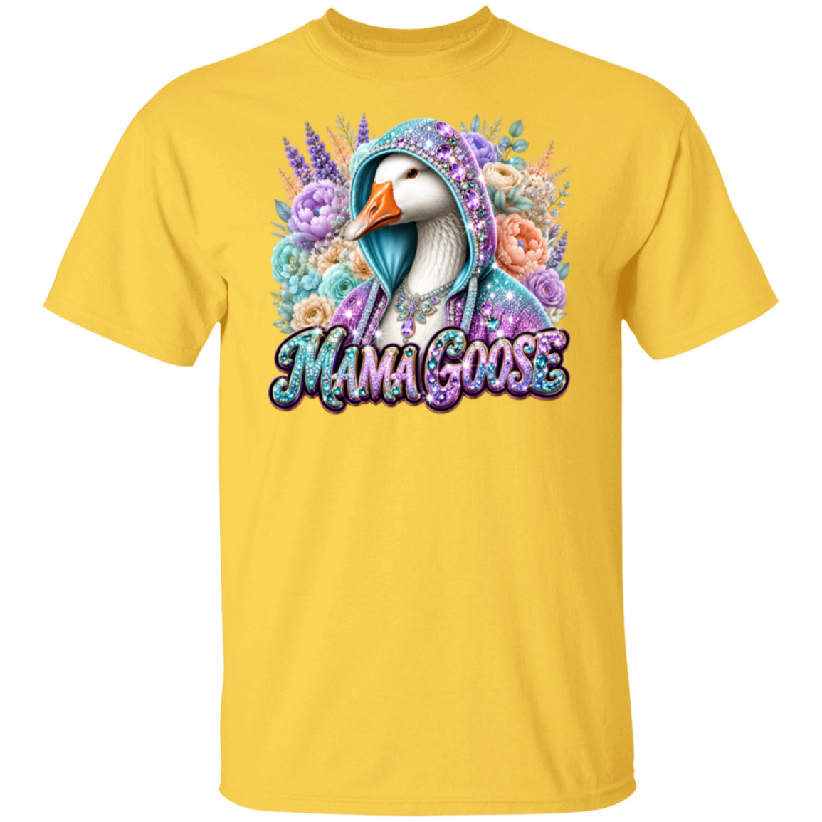 A daisy color short-sleeve crewneck t-shirt featuring a colorful graphic of a mother goose wearing a glittery teal hood surrounded by flowers, with the text 'MAMA GOOSE' in a matching glittery font below.