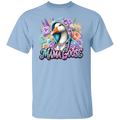 A light blue crewneck t-shirt featuring a colorful graphic of a goose wearing a glittery teal hood surrounded by flowers, with the text 'MAMA GOOSE' in a stylized purple and pink font below.