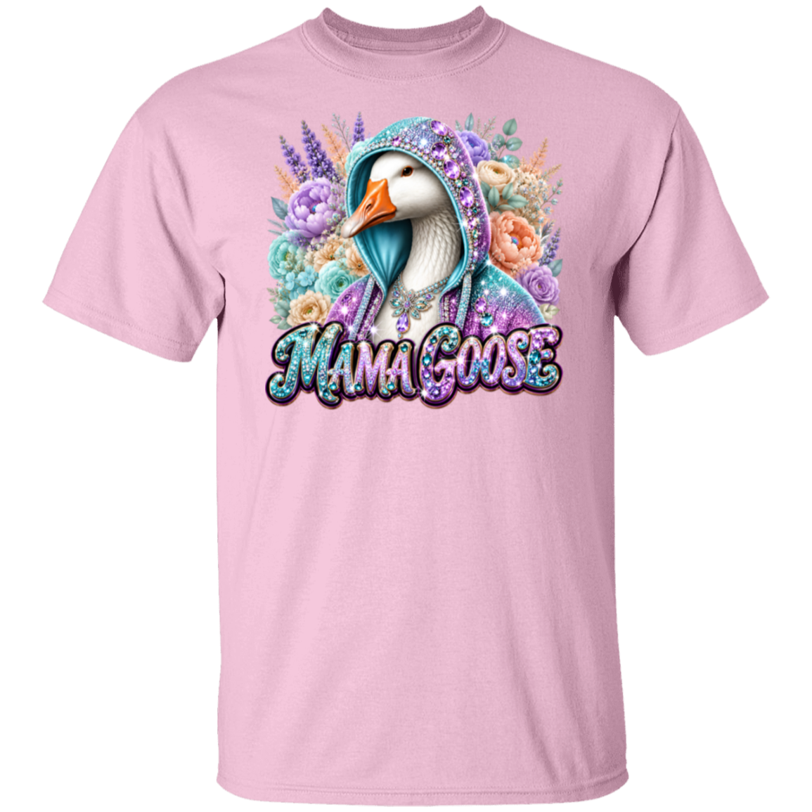 A light pink short-sleeve crewneck t-shirt featuring a colorful graphic of a goose wearing a glittery teal hood surrounded by flowers, with the text 'MAMA GOOSE' in a stylized glitter font below.