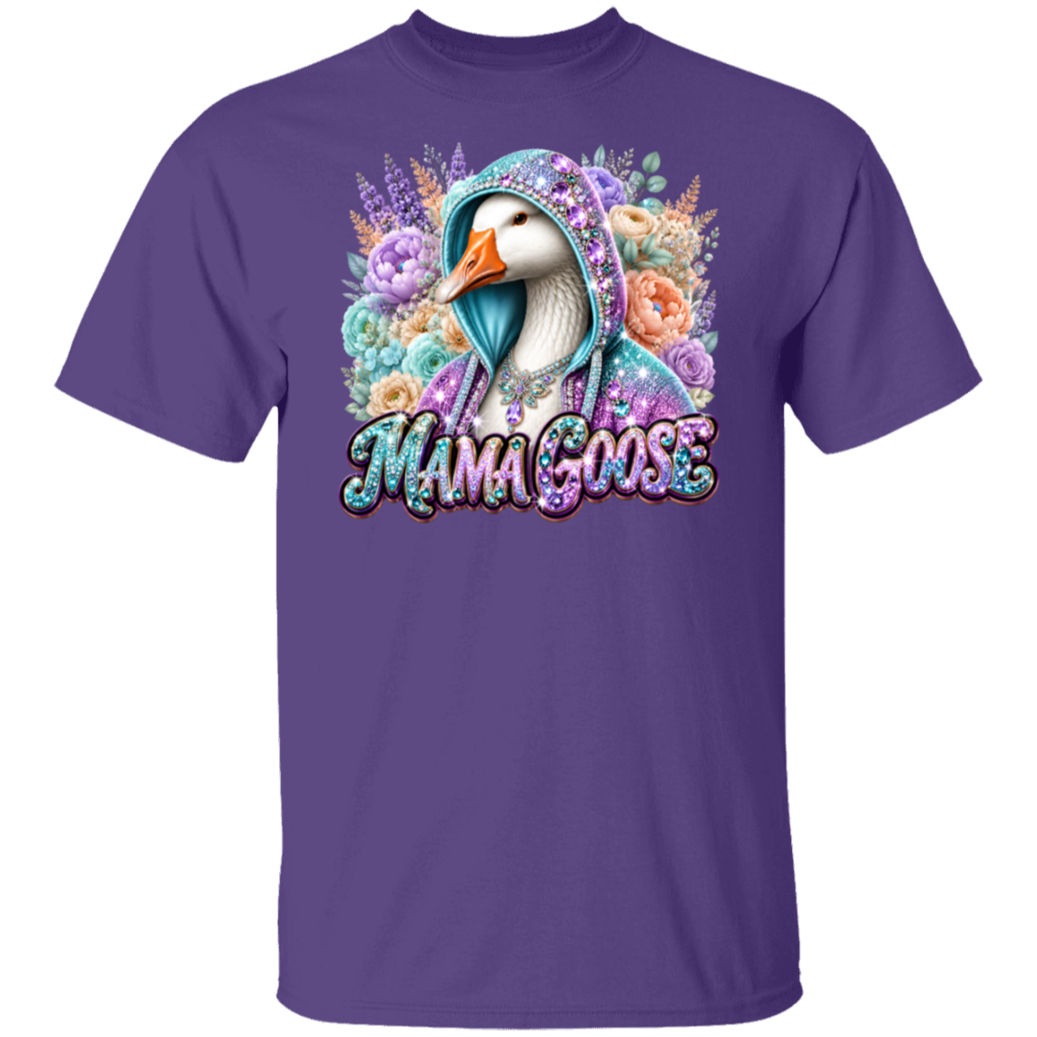 A purple short-sleeve crewneck t-shirt featuring a colorful graphic of a white goose wearing a teal hood surrounded by flowers, with the text 'MAMA GOOSE' in a glittery purple font below.