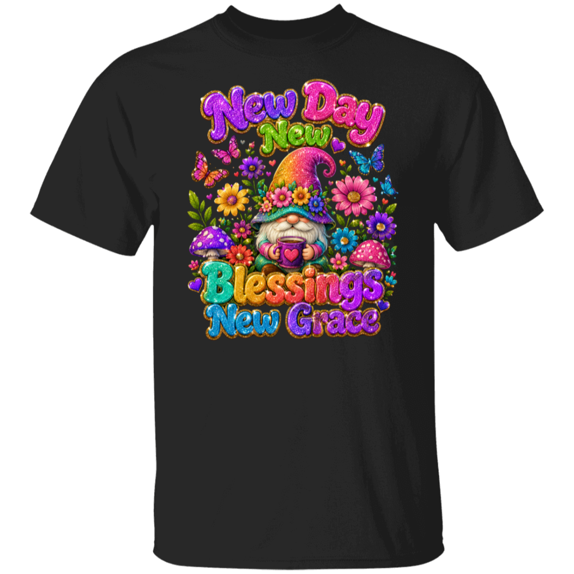 A black color short-sleeve crewneck t-shirt featuring a colorful graphic print on the front. The graphic displays a smiling gnome wearing a rainbow-striped hat surrounded by flowers and mushrooms, with the text 'New Day New Blessings New Grace' in a playful, multi-colored font.