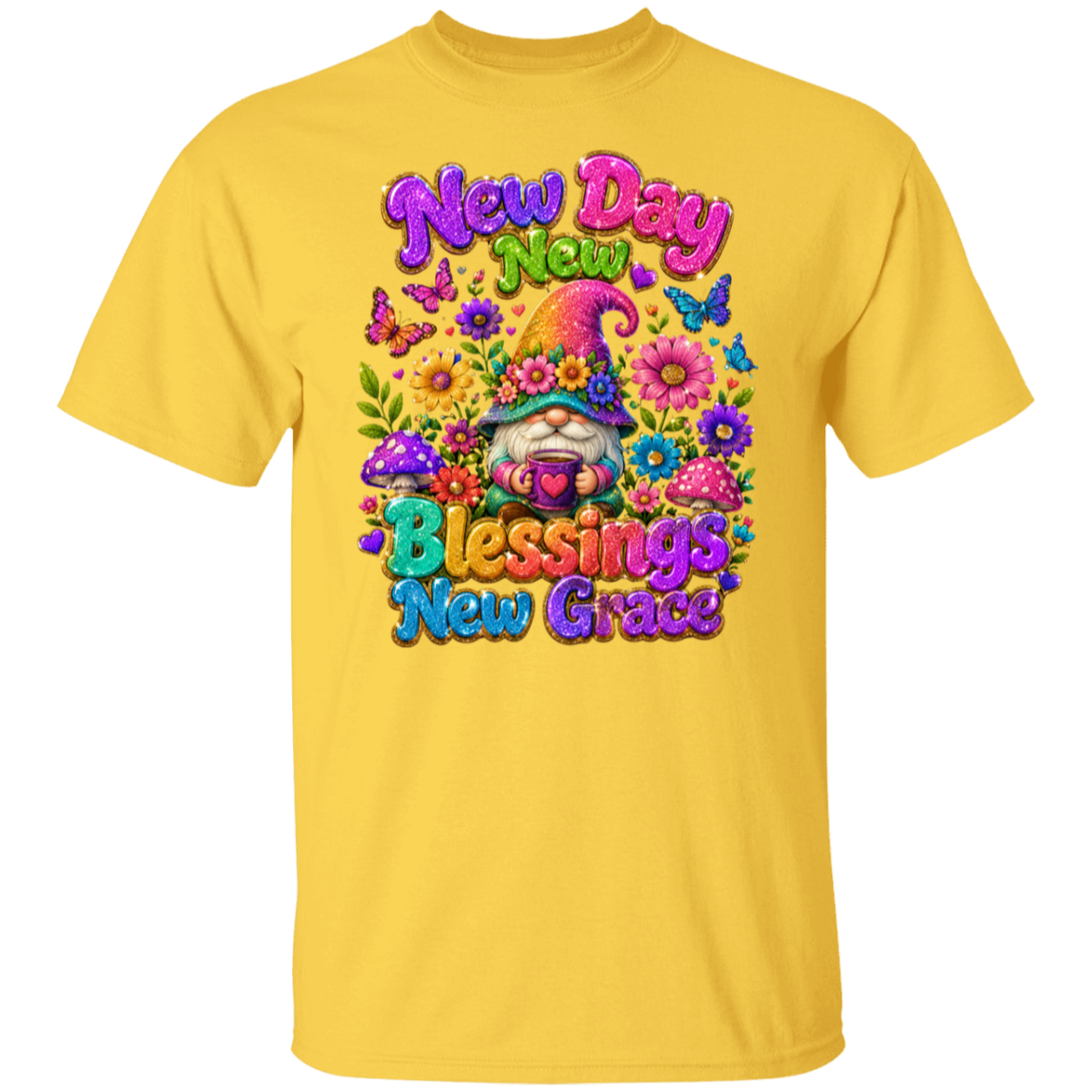 A daisy color short-sleeve crewneck t-shirt featuring a colorful graphic on the front with a gnome, flowers, butterflies, and the text 'New Day New Blessings New Grace'.