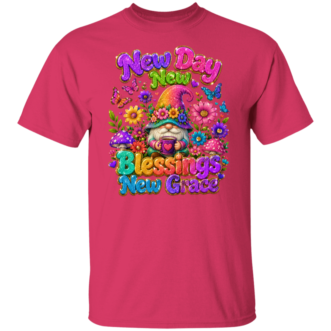 A heliconia color short-sleeve crewneck t-shirt featuring a colorful graphic print on the front. The graphic displays a smiling gnome surrounded by flowers and butterflies, with the text 'New Day New Blessings New Grace' in a playful, multi-colored font.