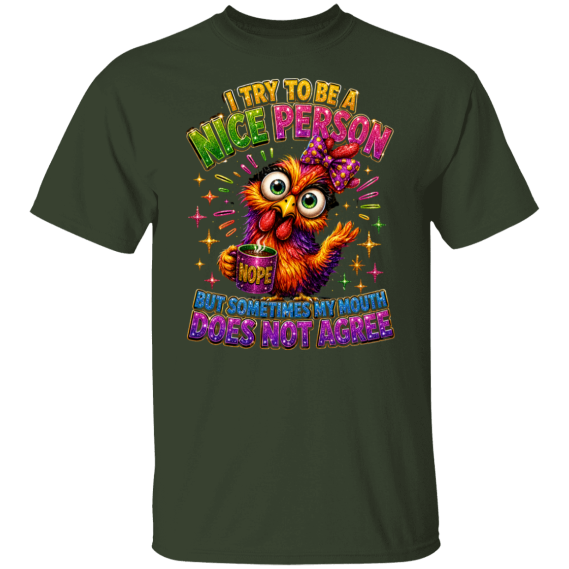 A forest crewneck t-shirt featuring a colorful graphic print on the front with the text 'SALTY HAIR COCONUT OIL & BIG DREAMS' in pink, teal, and gold glitter-style lettering, decorated with a crown, palm leaves, and a coconut.