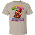 A sand crewneck t-shirt featuring a colorful graphic of a cartoon owl holding a mug that says 'NOPE' under the text 'I TRY TO BE A NICE PERSON BUT SOMETIMES MY MOUTH DOES NOT AGREE'.