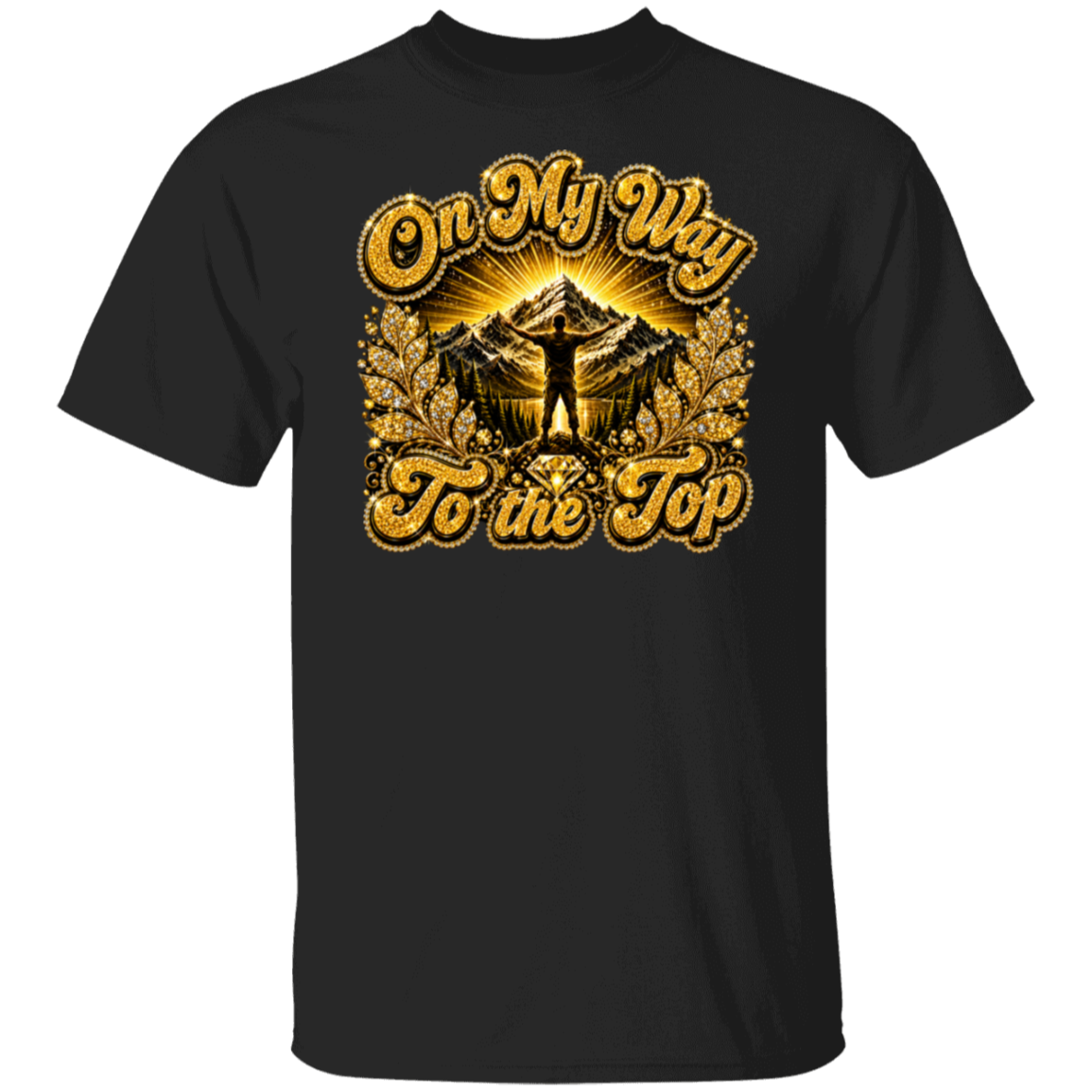A black short-sleeve crewneck t-shirt featuring a large graphic print on the front. The graphic displays a golden-yellow sunburst and mountain scene with a silhouette of a person, surrounded by decorative gold text that reads 'On My Way To the Top'.
