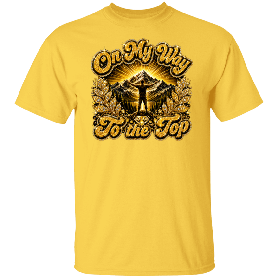 A daisy short-sleeve crewneck t-shirt featuring a large graphic print on the front with the text 'On My Way To The Top' in a textured gold font, surrounding an illustration of a mountain peak, a silhouetted figure with raised arms, and a diamond.