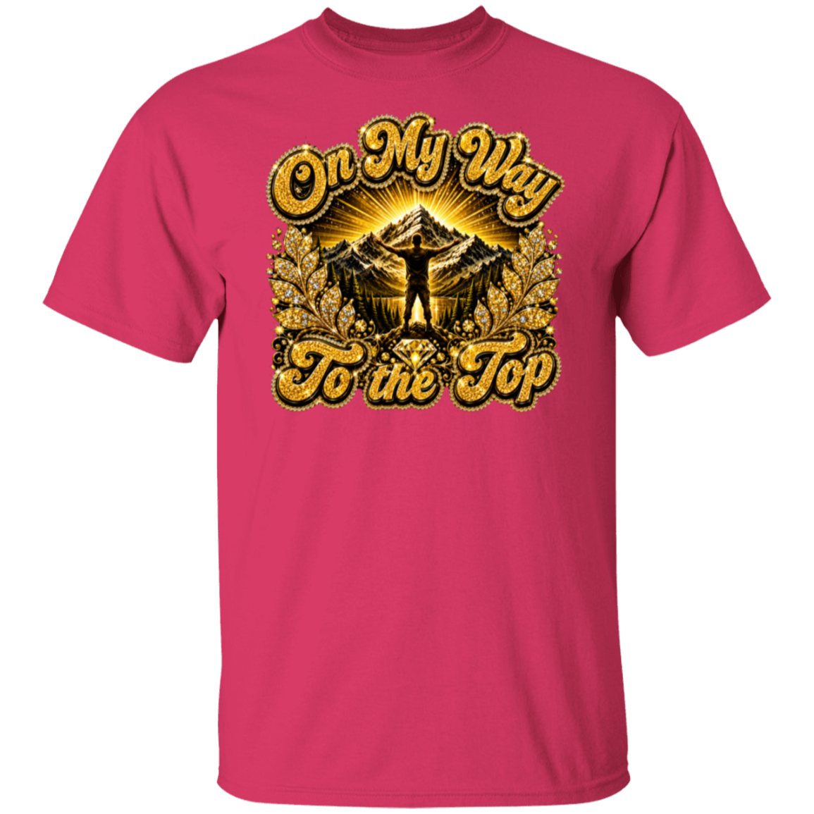 A heliconia short-sleeve crewneck t-shirt featuring a large graphic print on the chest. The graphic displays a mountain peak with a silhouette of a person standing on top, surrounded by golden rays and foliage, with the text 'On My Way To the Top' in a stylized gold font.