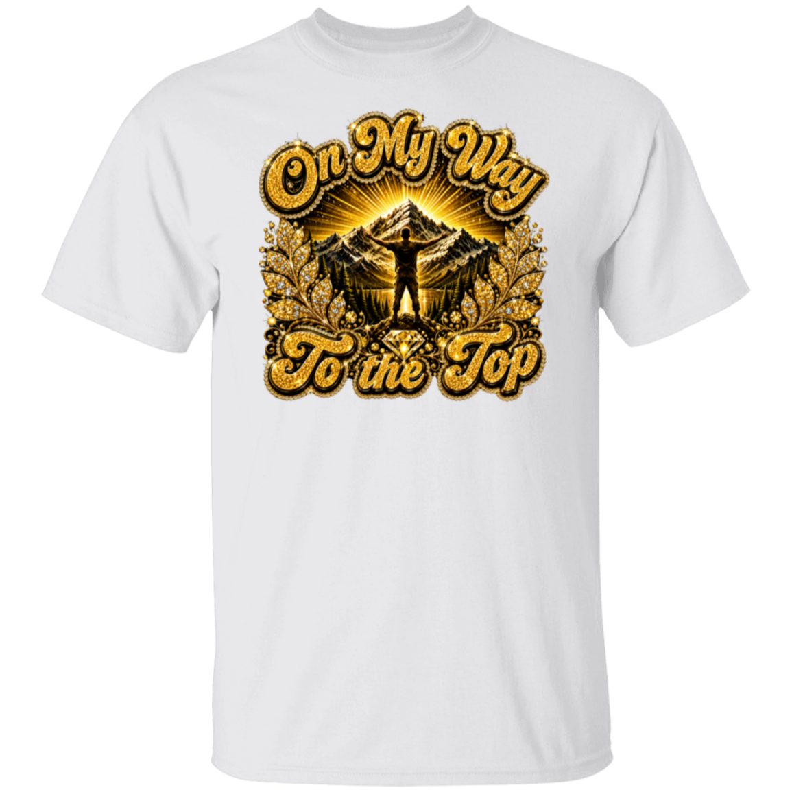 A white short-sleeve crewneck t-shirt featuring a large graphic print on the front. The graphic displays a golden-yellow sunburst and mountain peak with a silhouette of a person standing triumphantly, framed by the text 'On My Way To the Top' in a stylized gold font.