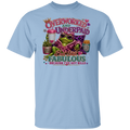 A light blue crewneck t-shirt featuring a colorful graphic print of a frog wearing sunglasses and a pink patterned shirt, surrounded by text that reads 'Overworked and Underpaid But Still Fabulous Because I've Got Bills'.