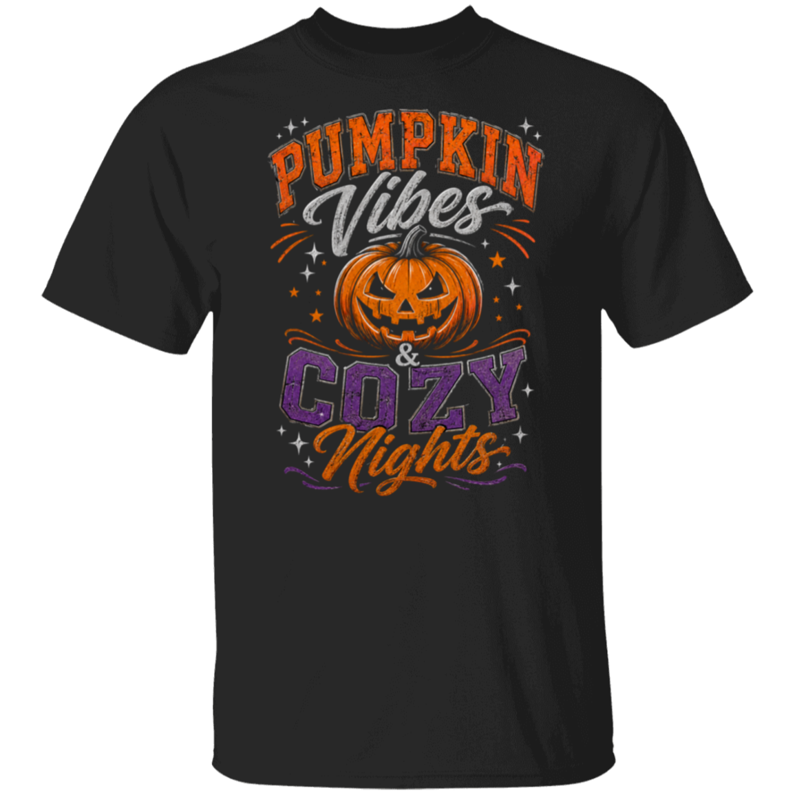 A black short-sleeve crewneck t-shirt featuring a Halloween-themed graphic print on the front with the text 'PUMPKIN Vibes & COZY Nights' and a jack-o'-lantern illustration.