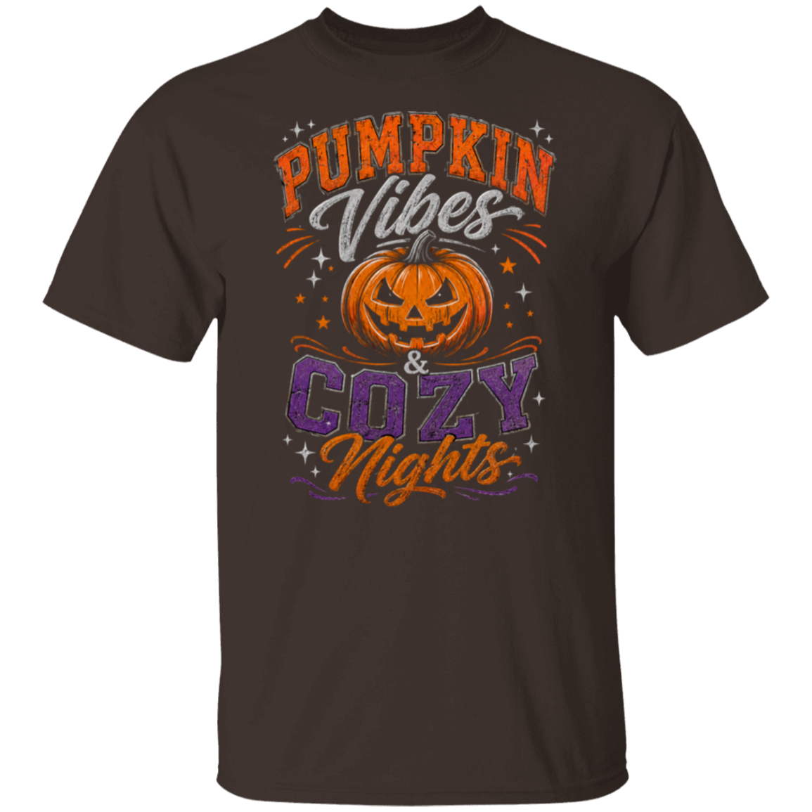 A dark chocolate short-sleeve crewneck t-shirt featuring a colorful graphic print on the front with the text 'PUMPKIN Vibes & COZY Nights' and an illustration of a jack-o'-lantern.