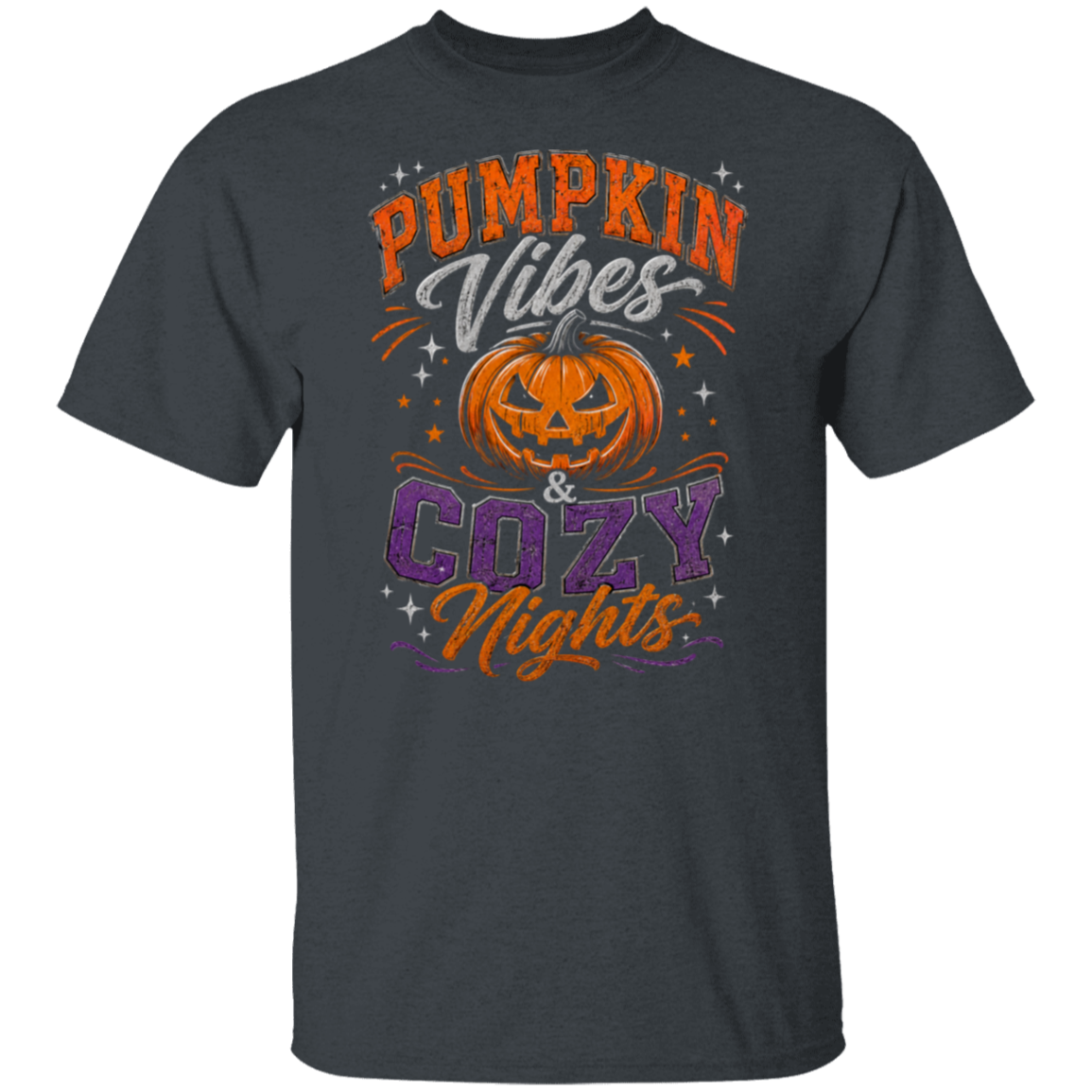A dark heather color short-sleeve t-shirt with a colorful graphic on the front that reads 'PUMPKIN Vibes & COZY Nights' in orange, white, and purple lettering around a jack-o'-lantern illustration.
