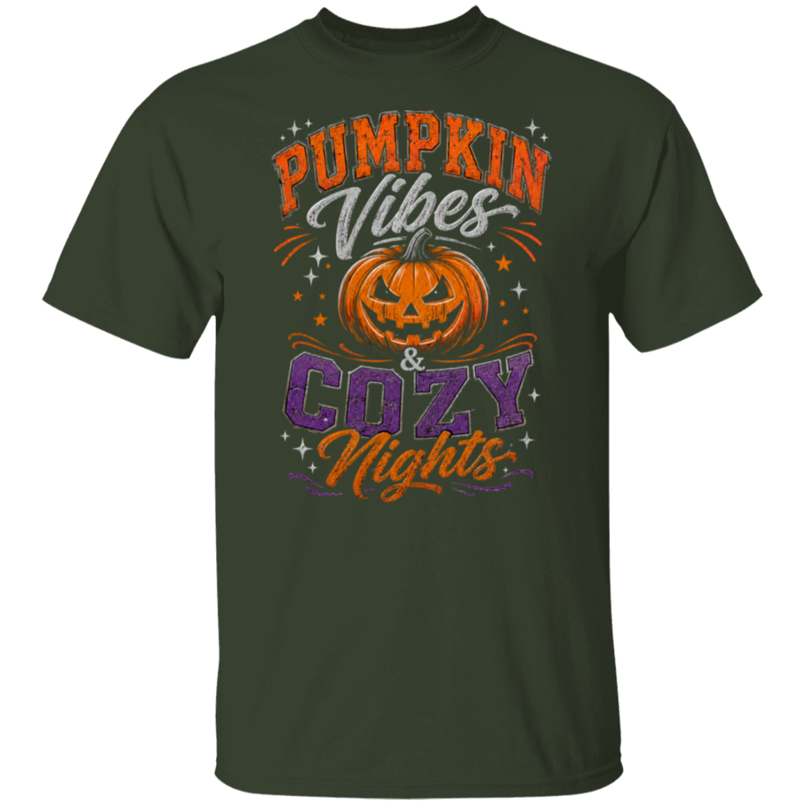 A dark forest green short-sleeve t-shirt with a colorful graphic on the front that reads 'PUMPKIN Vibes COZY Nights' around a jack-o'-lantern illustration, shown on a plain white background.