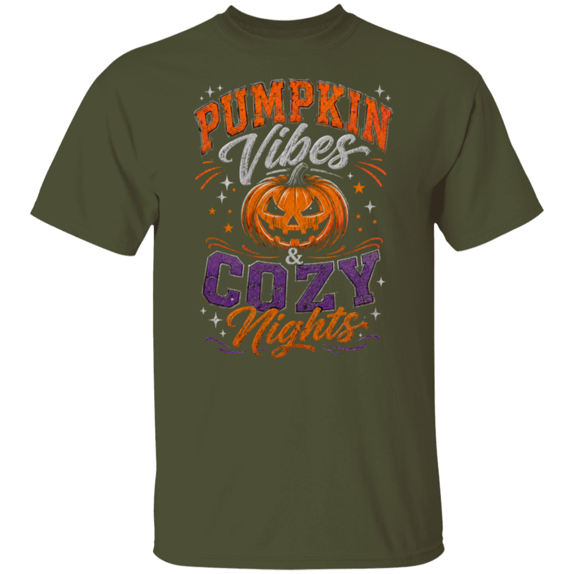 A military green short-sleeve t-shirt with a graphic print that reads 'PUMPKIN Vibes & COZY Nights' in orange, white, and purple lettering, surrounding a jack-o'-lantern illustration.