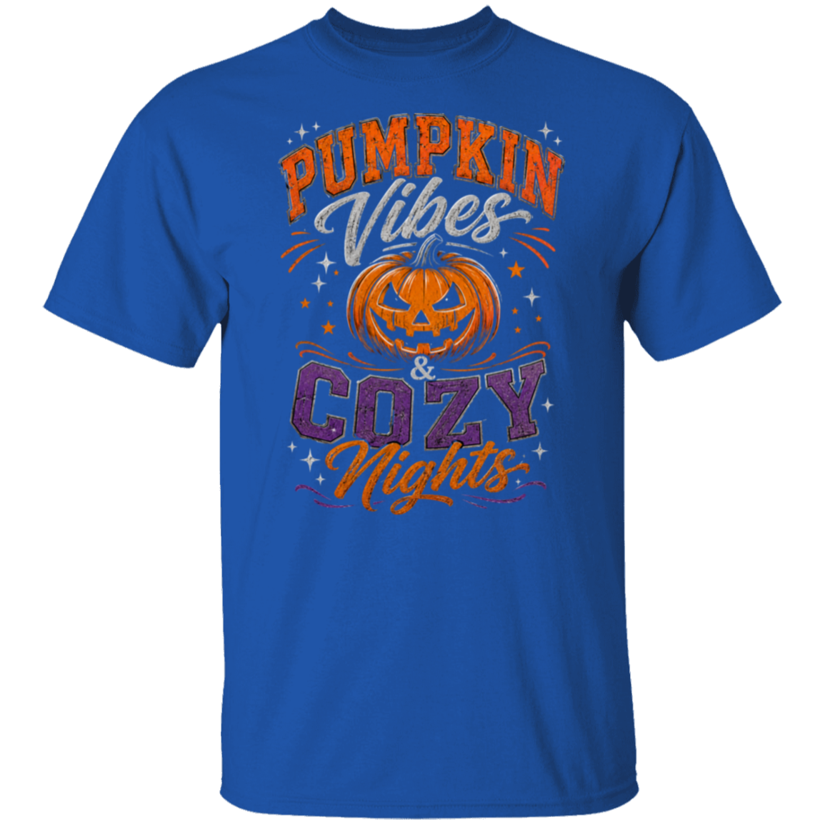 A royal blue short-sleeve t-shirt with a festive Halloween graphic on the chest that reads 'Pumpkin Vibes & Cozy Nights' in orange, purple, and white lettering around a jack-o'-lantern illustration.
