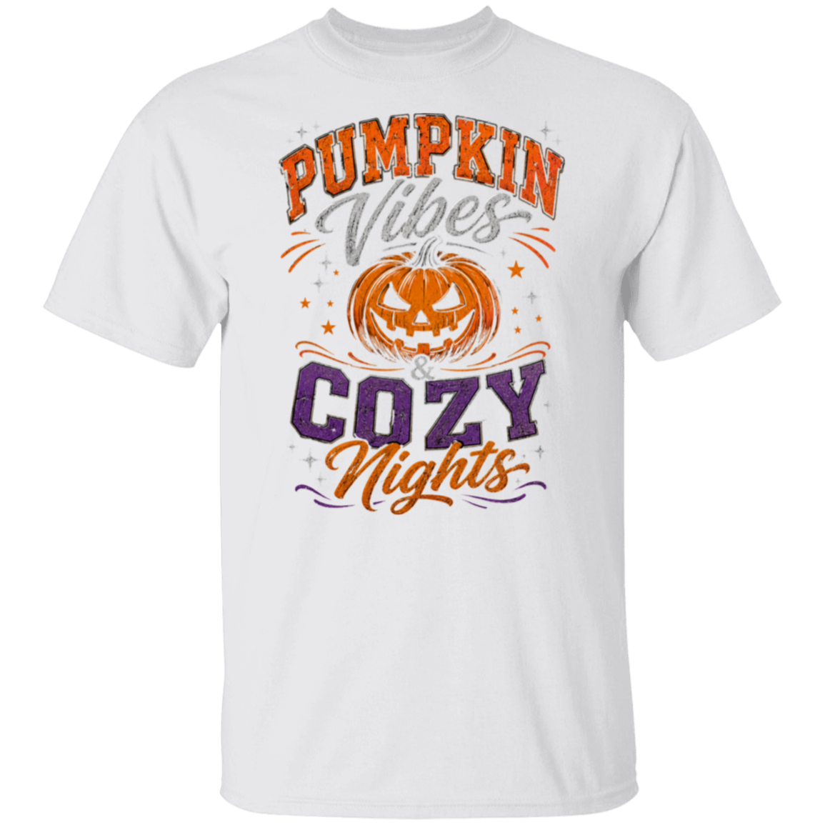 A white short-sleeve crewneck t-shirt featuring a festive graphic print on the front with the text 'PUMPKIN Vibes COZY Nights' in orange, purple, and gray, surrounding a jack-o'-lantern illustration.