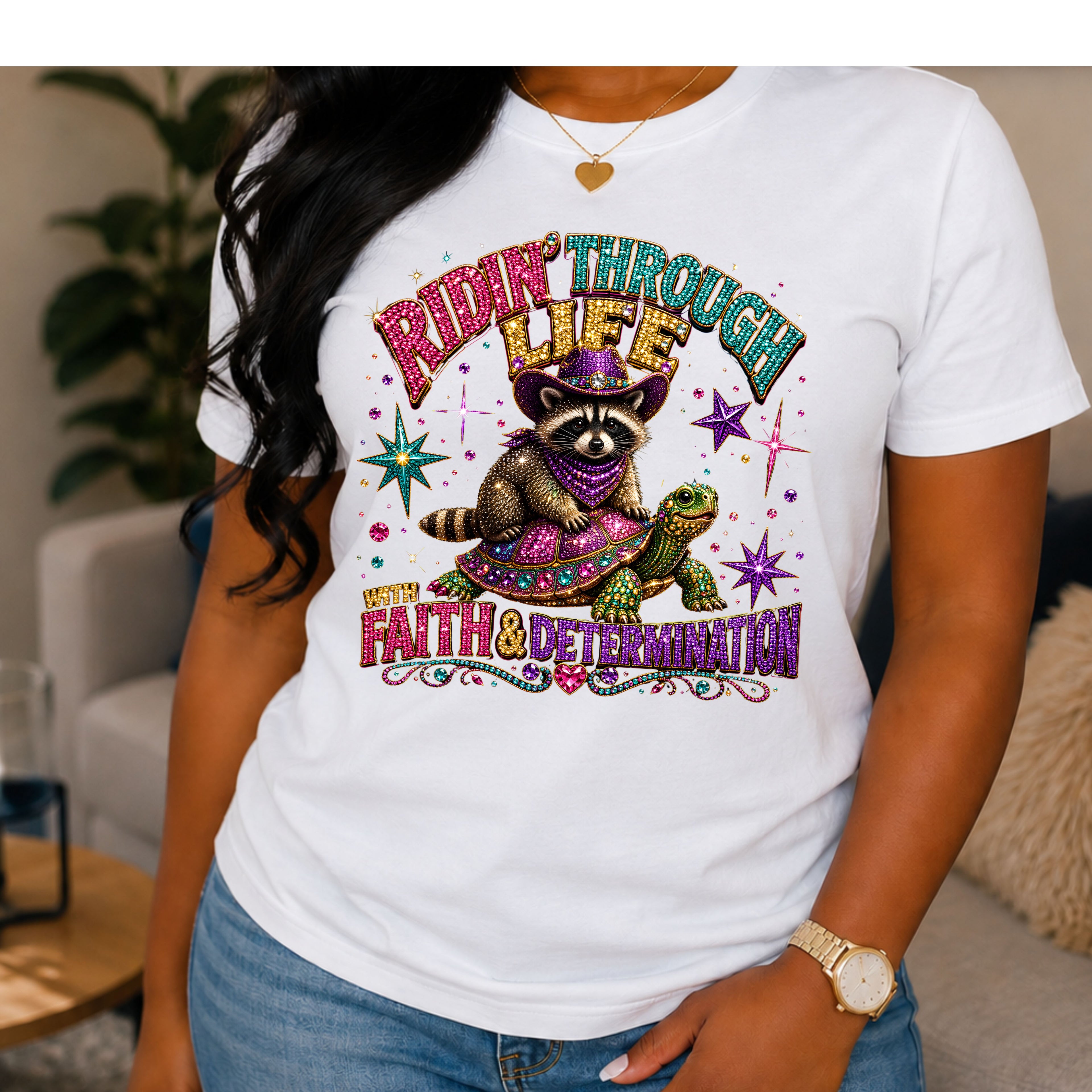 Ridin’ Through Life with Faith & Determination – Rhinestone Raccoon & Turtle Glitter Graphic Tee Design