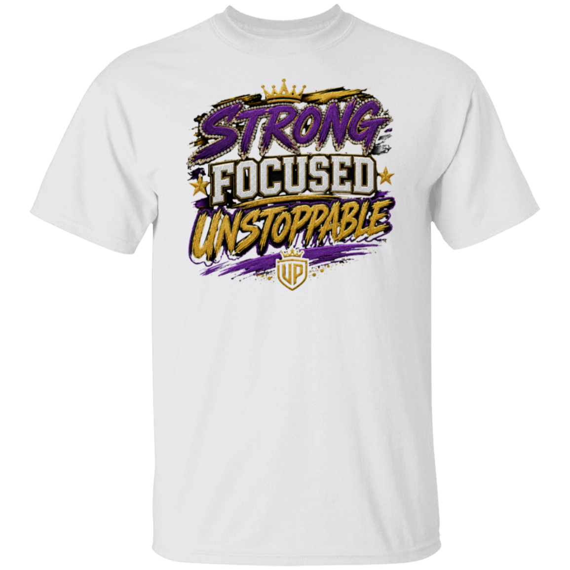 A white color short-sleeve crewneck t-shirt featuring a bold graphic on the chest with the words 'STRONG FOCUSED UNSTOPPABLE' in purple, gold, and white, with a small shield logo below.