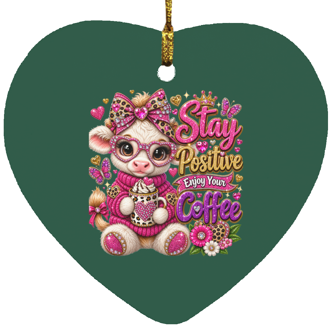 A heart-shaped forest color Christmas ornament featuring a cute cartoon cow character wearing pink glasses and a pink sweater, holding a coffee cup next to the text 'Stay Positive Enjoy Your Coffee' in pink and gold lettering.