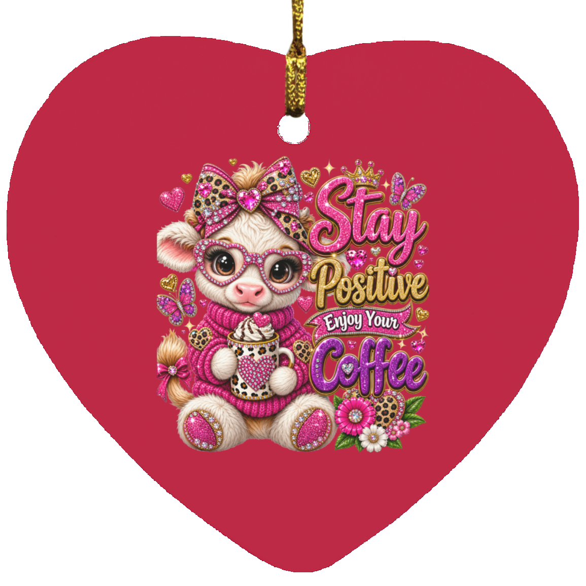 A heart-shaped red Christmas ornament featuring a cute cartoon cow wearing pink glasses and a pink sweater, holding a coffee cup next to the text 'Stay Positive Enjoy Your Coffee' in pink, gold, and purple lettering.