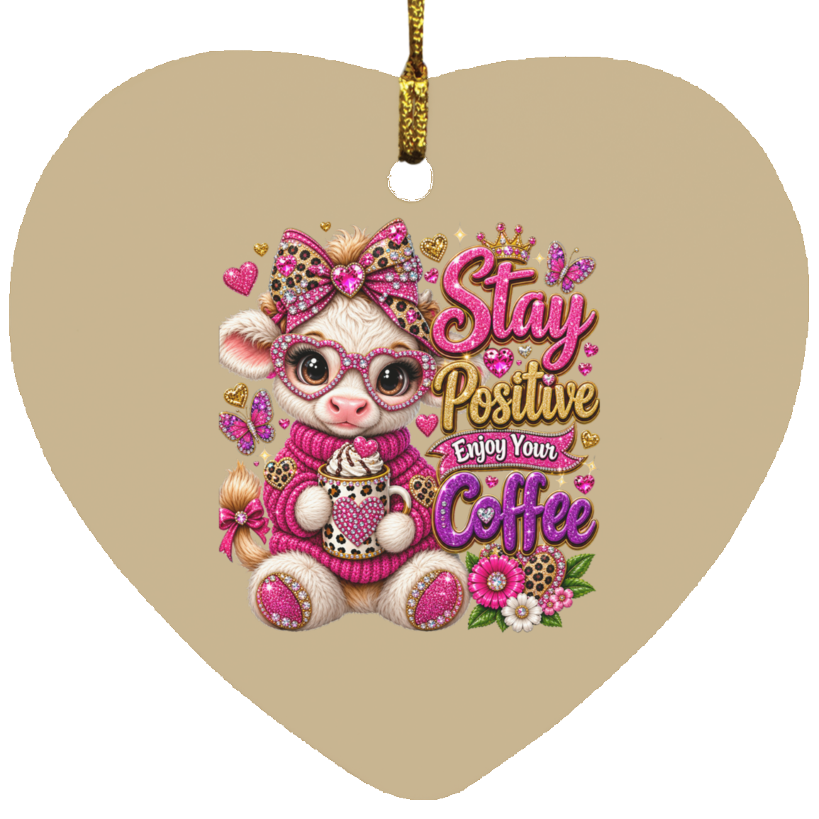 Heart-shaped ceramic ornament featuring a cute cartoon lamb wearing pink glasses and a pink sweater, holding a coffee cup next to the text 'Stay Positive Enjoy Your Coffee' in pink, purple, and gold lettering.