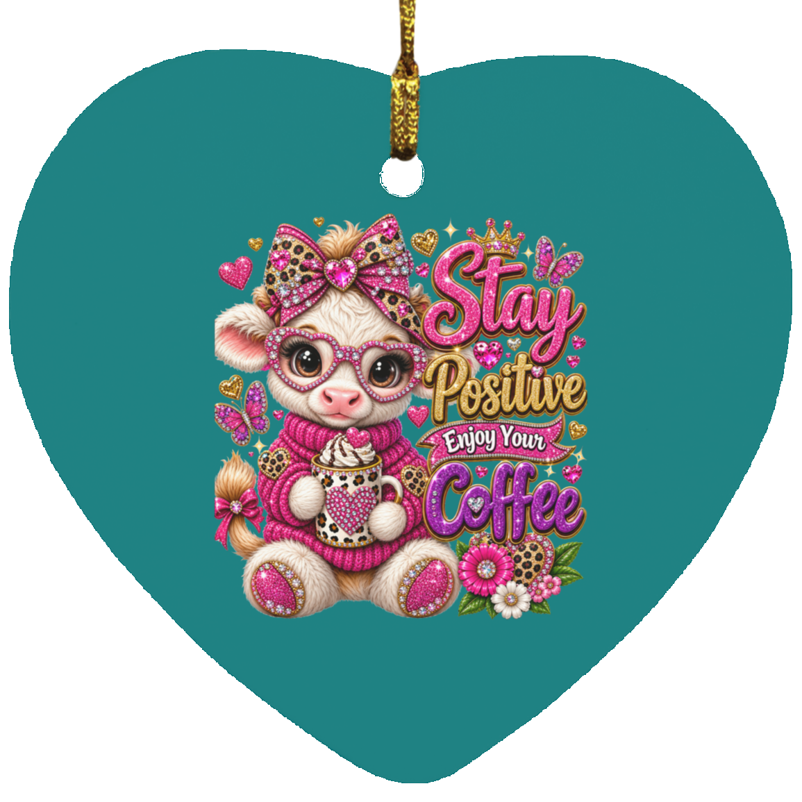 A heart-shaped teal Christmas ornament featuring a cute cartoon cow character wearing pink glasses, a pink sweater, and a leopard-print bow, holding a cup of coffee next to the text 'Stay Positive Enjoy Your Coffee' in pink and gold lettering.
