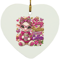 Heart-shaped ceramic ornament featuring a cute cartoon cow character wearing pink glasses and a bow, holding a coffee cup, with the text 'Stay Positive Enjoy Your Coffee' in pink, purple, and gold lettering.