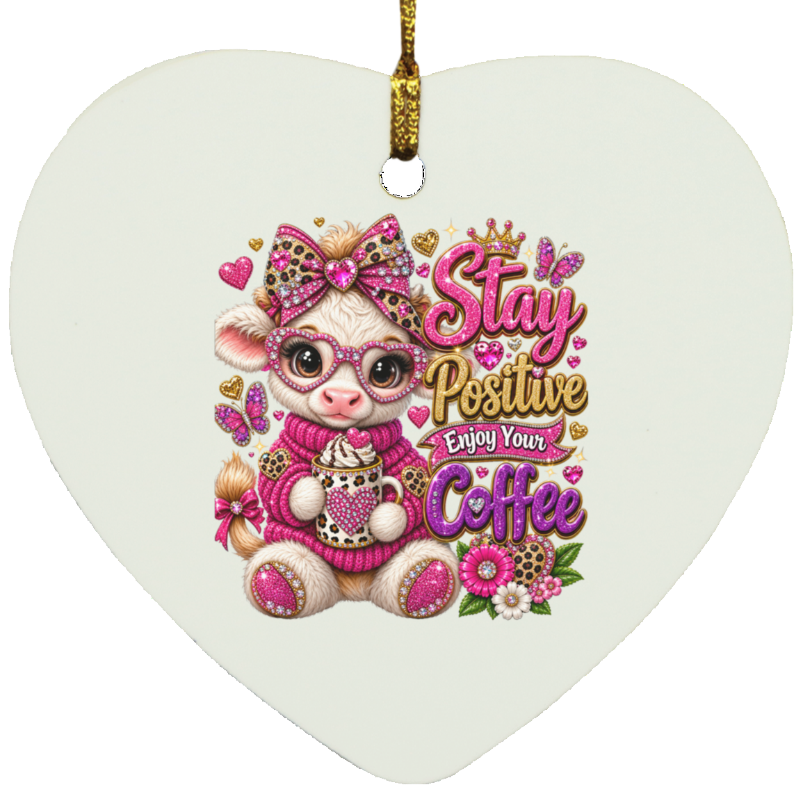 Heart-shaped ceramic ornament featuring a cute cartoon cow character wearing pink glasses and a bow, holding a coffee cup, with the text 'Stay Positive Enjoy Your Coffee' in pink, purple, and gold lettering.