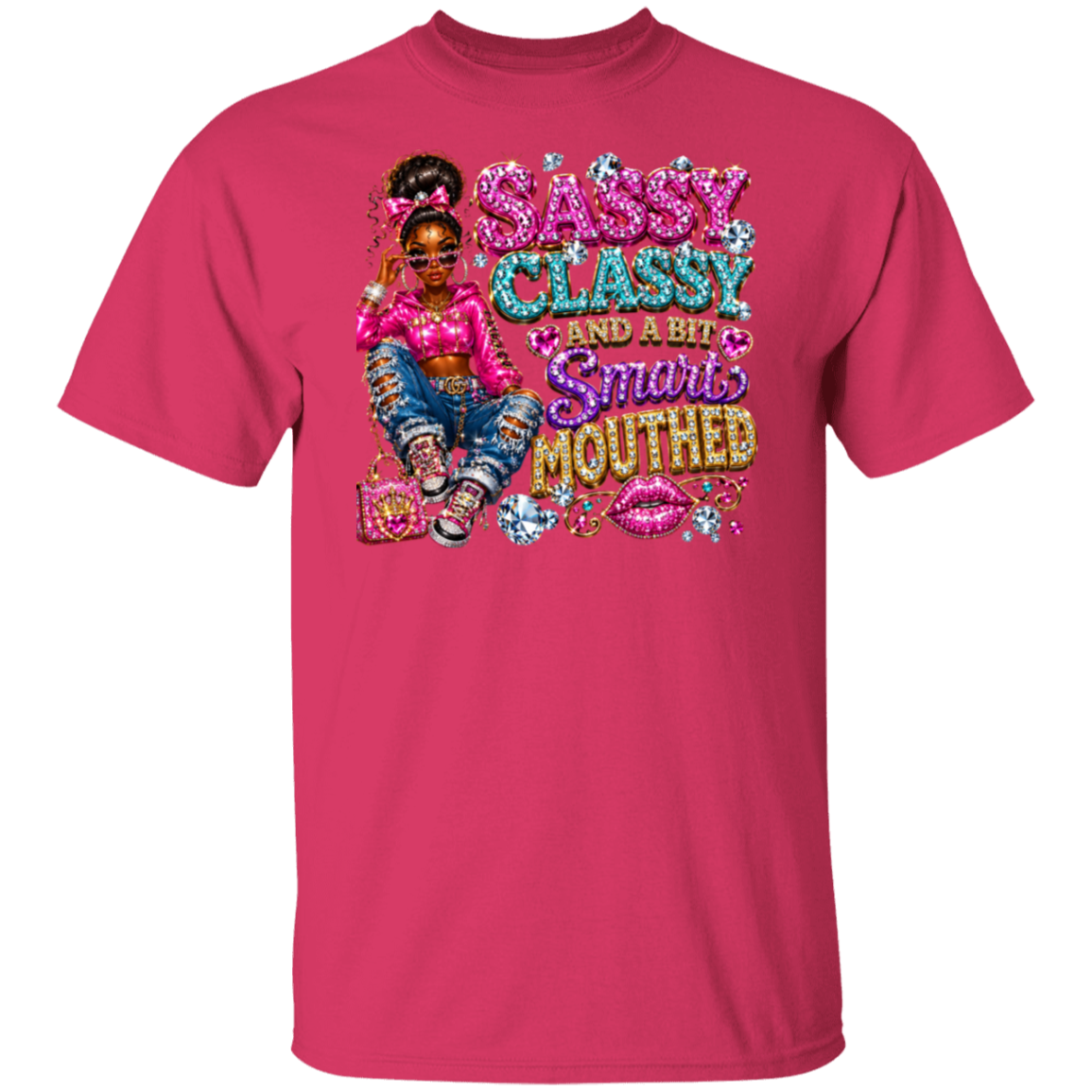 An heliconia short-sleeve t-shirt with a large, colorful graphic on the chest. The graphic features a cartoon illustration of a girl in a pink outfit and the text 'SASSY CLASSY AND A BIT Smart SMOUGHT' in glittery pink, teal, and gold lettering.