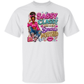 A white short-sleeve crewneck t-shirt featuring a colorful graphic print on the front. The graphic depicts a young girl with braided hair wearing a pink top and ripped blue jeans, sitting next to a pink purse, with the text 'SASSY CLASSY AND A BIT Smarts MOUTHED' in glittery pink, blue, and gold lettering.