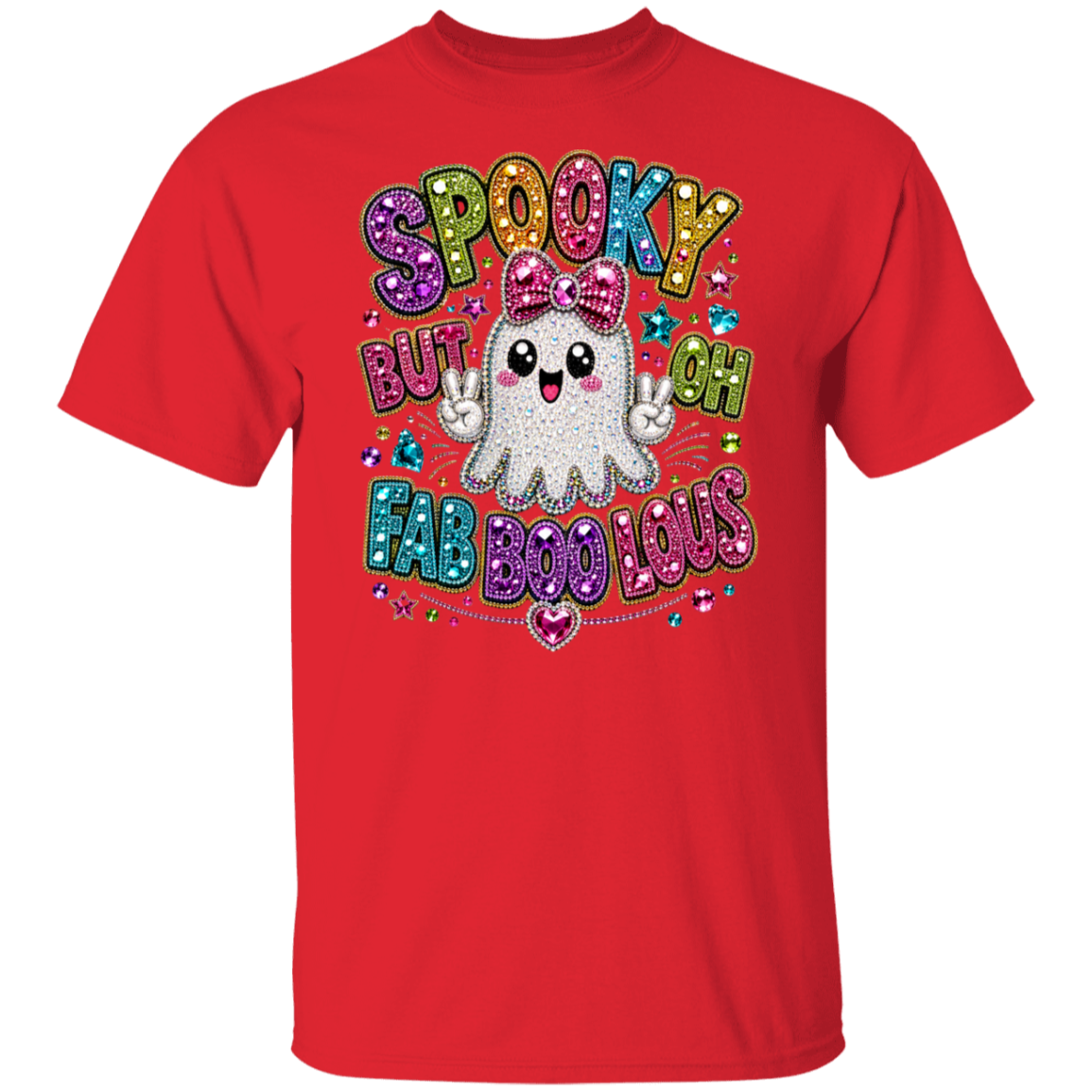 A red short-sleeve crewneck t-shirt featuring a colorful, glittery graphic of a cute cartoon ghost with the text 'SPOOKY BUT OH FAB BOO LOUS' in multicolored, rhinestone-style lettering.