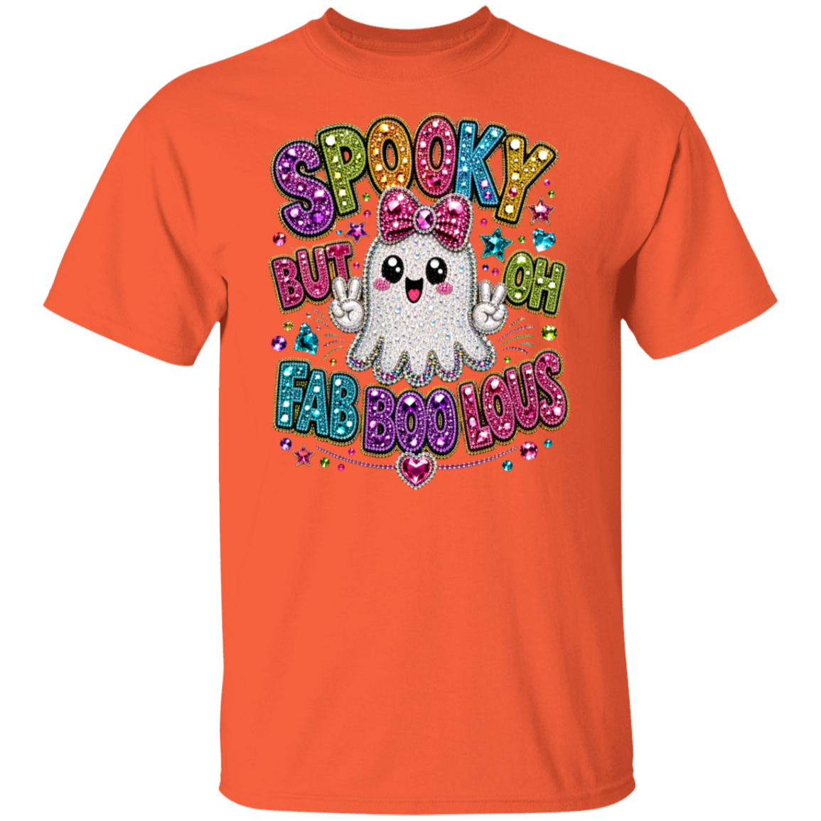 A bright orange crewneck t-shirt featuring a colorful, glittery graphic design on the front. The design displays a cute white ghost with a pink bow, surrounded by the text 'SPOOKY BUT OH FAB BOO LOUS' in multicolored, sparkly lettering with small star and heart accents.