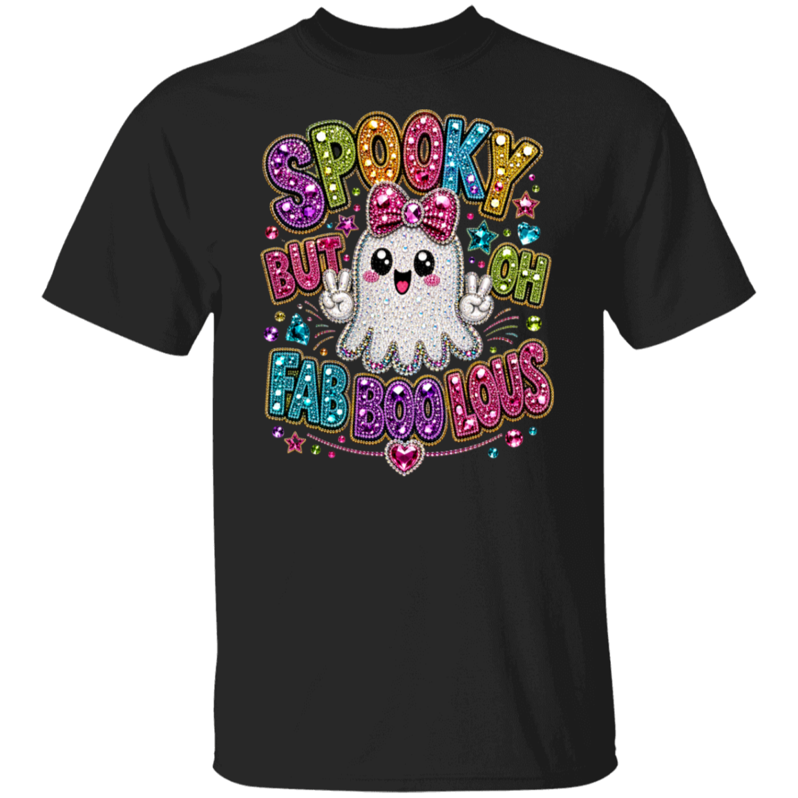 A black short-sleeve crewneck t-shirt featuring a colorful, glittery graphic of a cute white ghost with a pink bow, surrounded by the text 'SPOOKY BUT OH FAB BOO LOUS' in various neon colors.