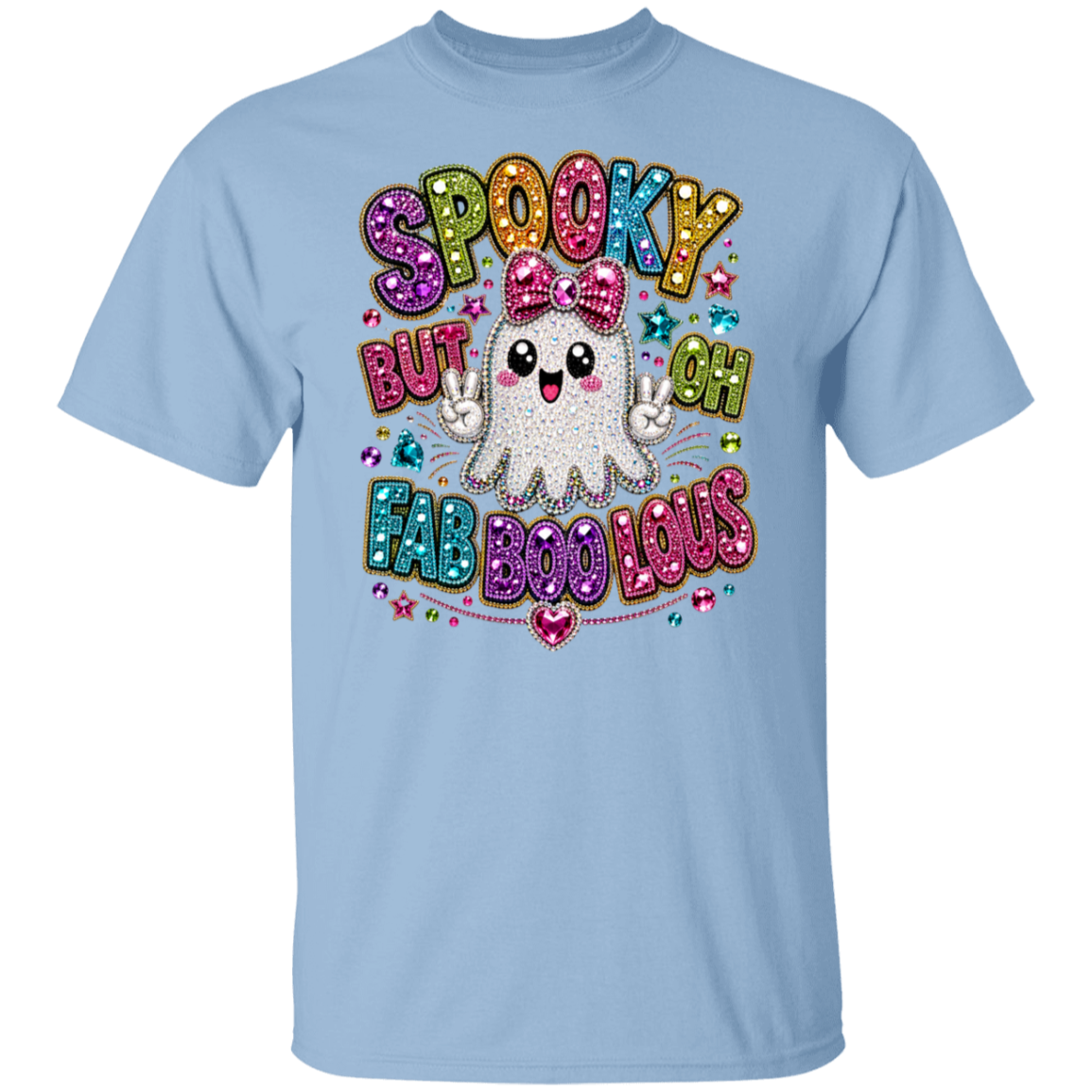 A light blue short-sleeve crewneck t-shirt featuring a colorful, glittery graphic on the front with the text 'SPOOKY BUT OH FAB BOO LOUS' and a cute white ghost character, shown against a plain white background.
