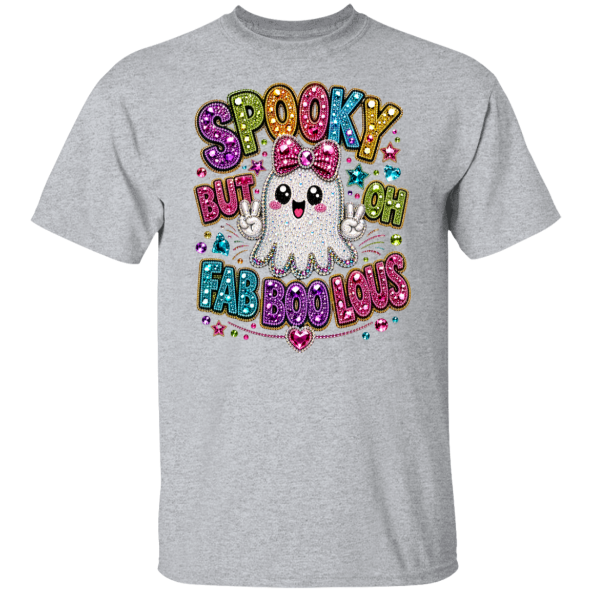 A sport grey short-sleeve t-shirt with a colorful graphic on the front featuring a cute cartoon ghost and the text 'SPOOKY BUT OH FAB BOOLOUS' in glittery, multi-colored lettering.