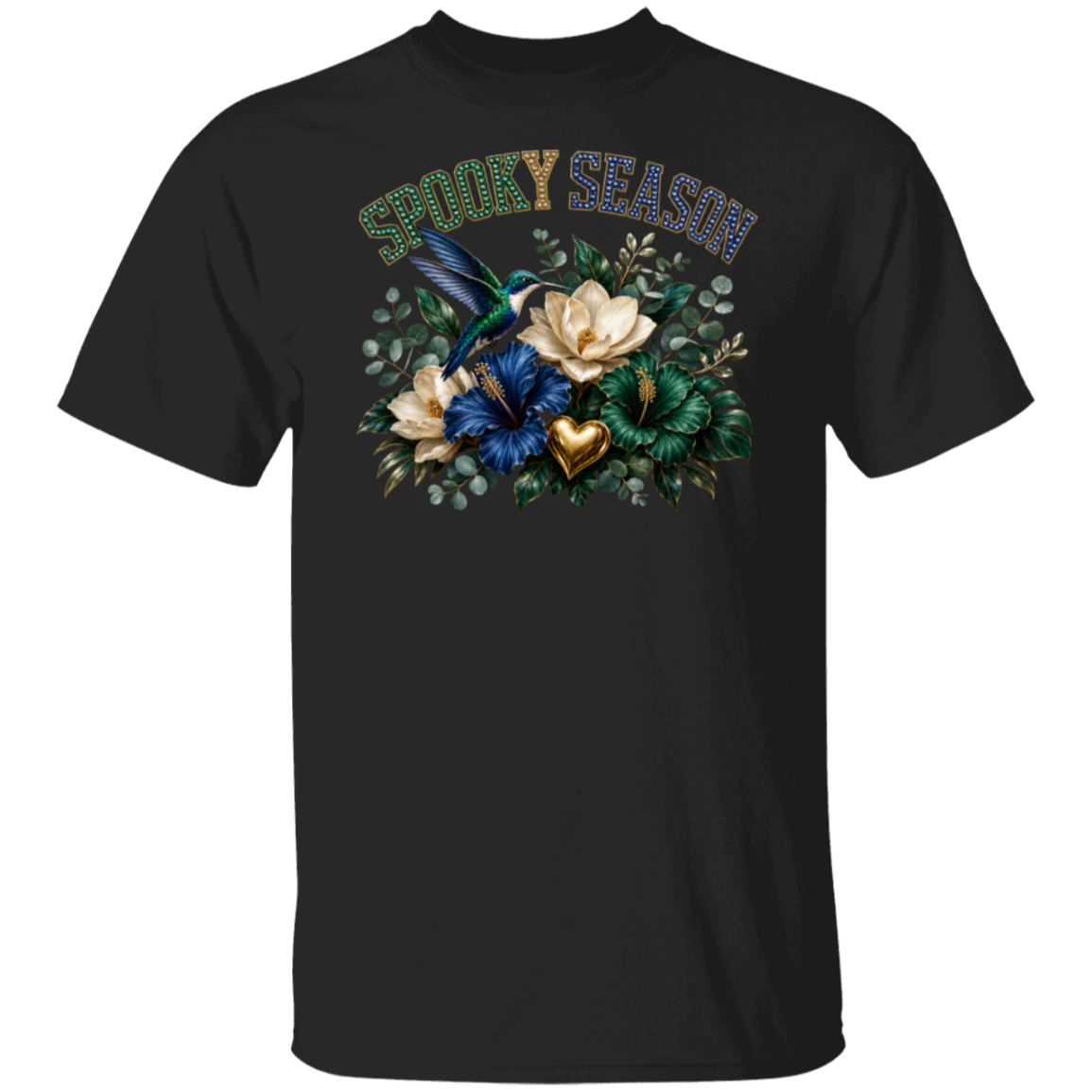A black short-sleeve crewneck t-shirt featuring a 'Spooky Season' graphic on the chest with a blue hummingbird, cream and blue flowers, green leaves, and a gold heart.