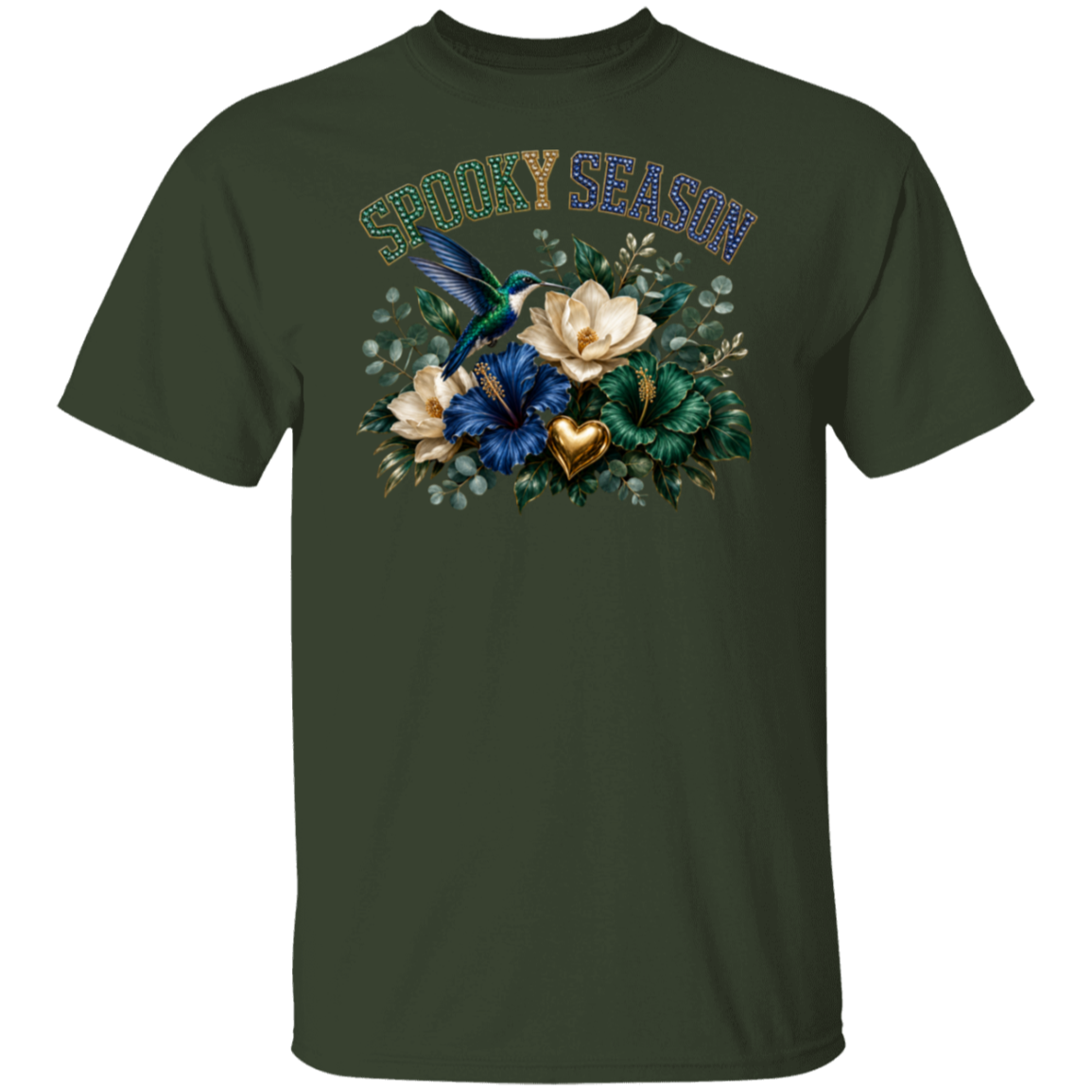 A forest color short-sleeve t-shirt with a 'Spooky Season' graphic on the chest, featuring a blue hummingbird, cream and blue flowers, green foliage, and a gold heart.