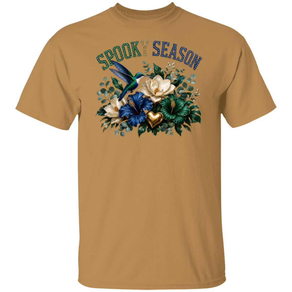 An old gold crewneck t-shirt featuring a 'Spooky Season' graphic print on the chest with a blue hummingbird, white and blue flowers, green leaves, and a gold heart.