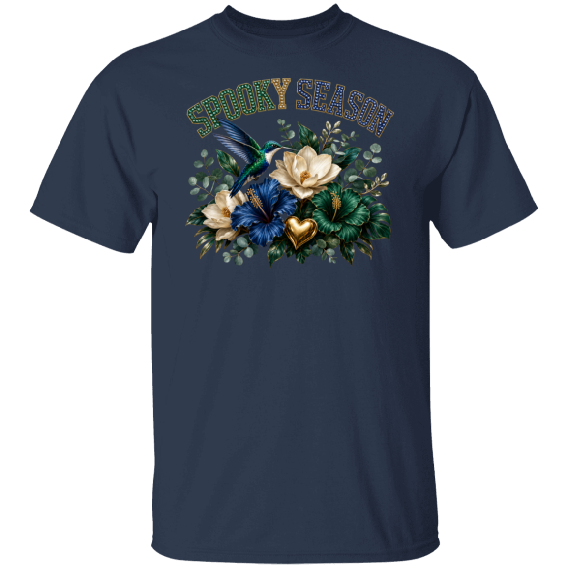 A navy blue short-sleeve t-shirt with a 'Spooky Season' graphic on the chest, featuring a hummingbird, flowers, and a gold heart.