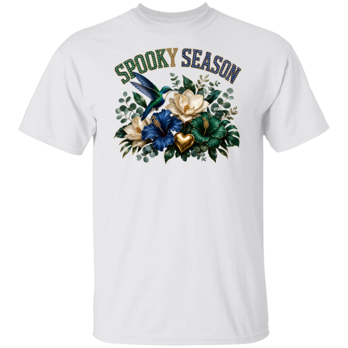 A white short-sleeve crewneck t-shirt featuring a 'Spooky Season' graphic on the chest with a hummingbird, flowers, and a gold heart.