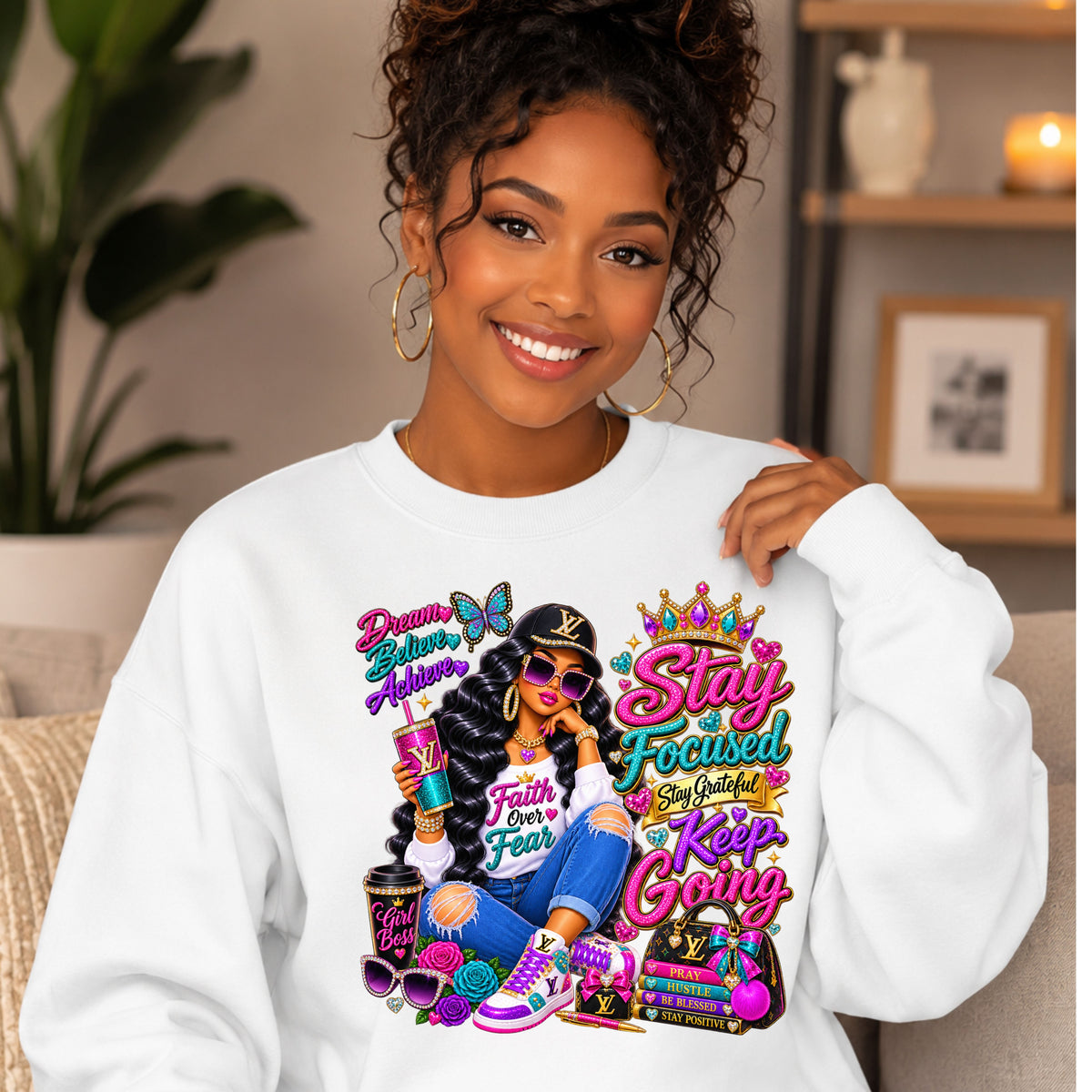 A smiling woman wearing a white crewneck sweatshirt with a colorful graphic print featuring the text 'Stay Focused Keep Going' and a stylized illustration of a woman with a crown, sunglasses, and a coffee cup, posed in a cozy indoor setting.
